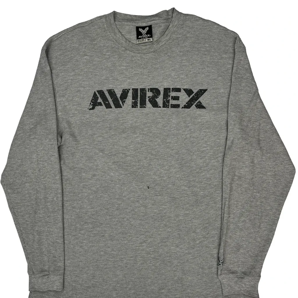 Waffle Knit Avirex Spellout Long Sleeve T-Shirt - XL Grey Cotton Blend - Image 6
