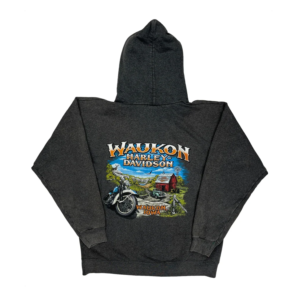 Waukon Harley Davidson Graphic Hoodie - Medium Grey Cotton Blend - Image 2