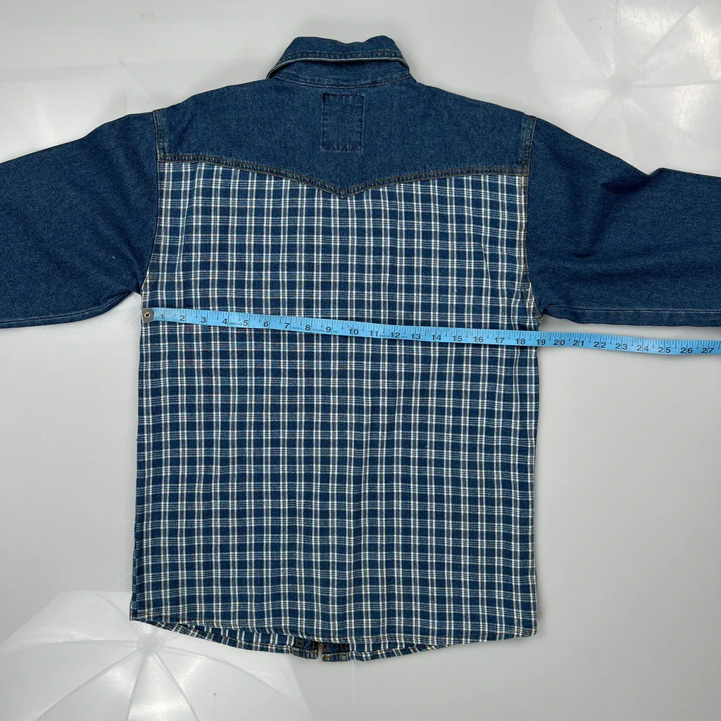 Western Cowboy Checked Denim Shirt - Small Blue Cotton - Image 3