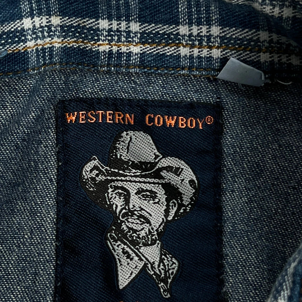 Western Cowboy Checked Denim Shirt - Small Blue Cotton - Image 4