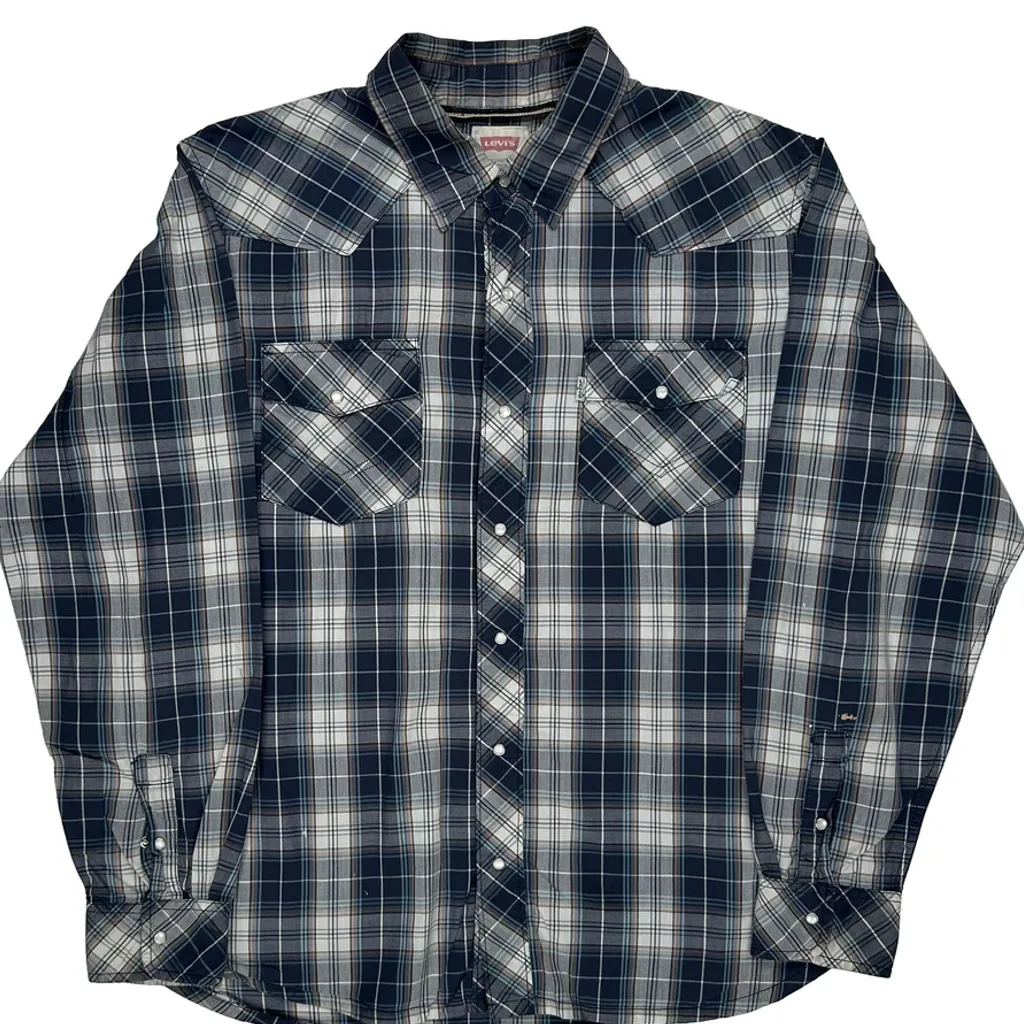 Western Levis Pearl Snap Checked Shirt - Large Blue Cotton - Image 4