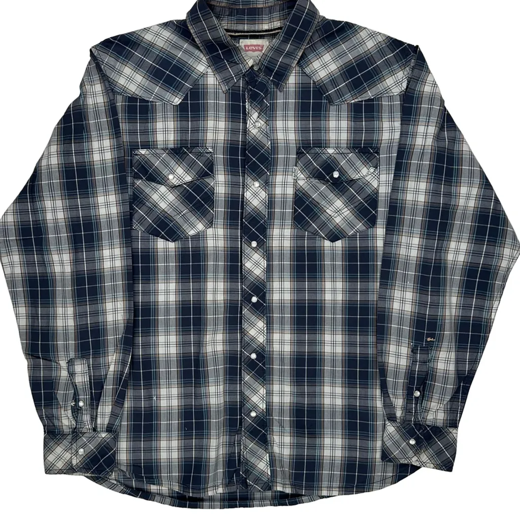 Western Levis Pearl Snap Checked Shirt - Large Blue Cotton - Image 5