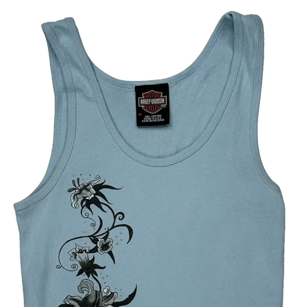 Wiebler'S Quad-Cities Harley Davidson Floral Tank Top - Medium Blue Cotton - Image 5