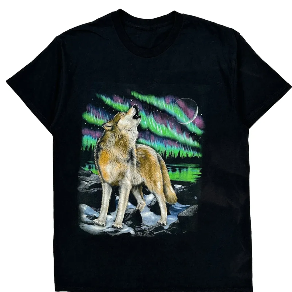 Wolf Howling At The Moon Unbranded Graphic T-Shirt - Medium Black Cotton - Image 5