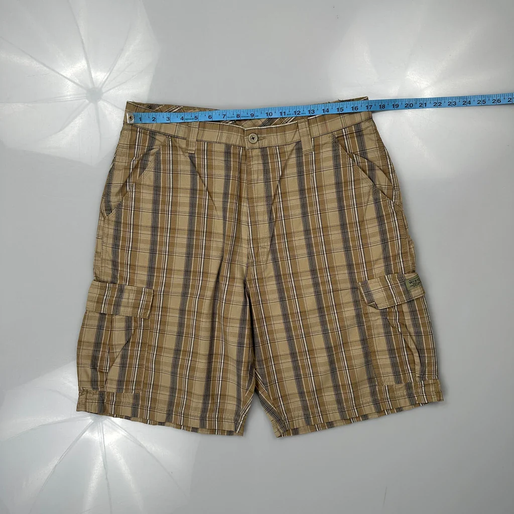 Wrangler Checked Cargo Shorts - 34W 10L Beige Cotton - Image 3