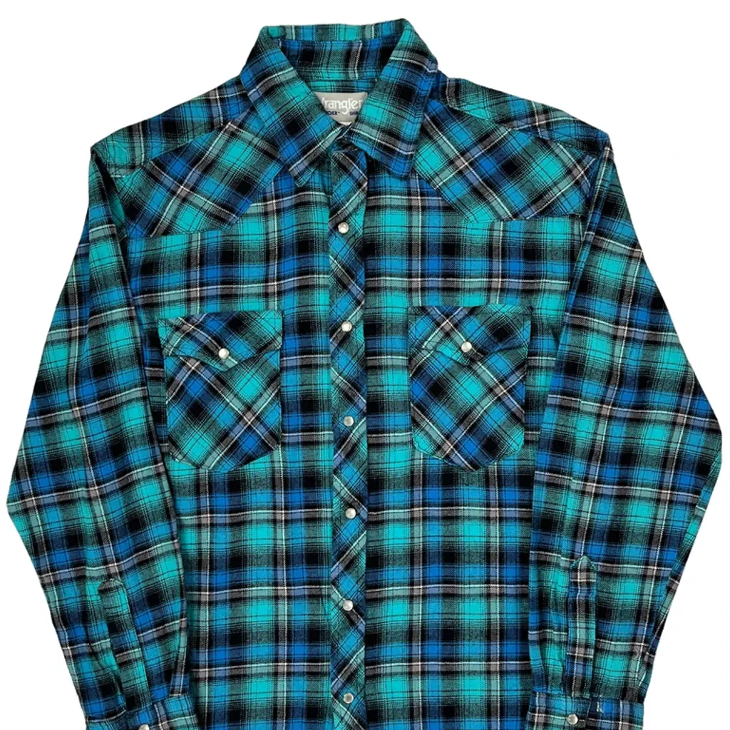 Wrangler Checked Flannel Shirt - Medium Blue Cotton - Image 4