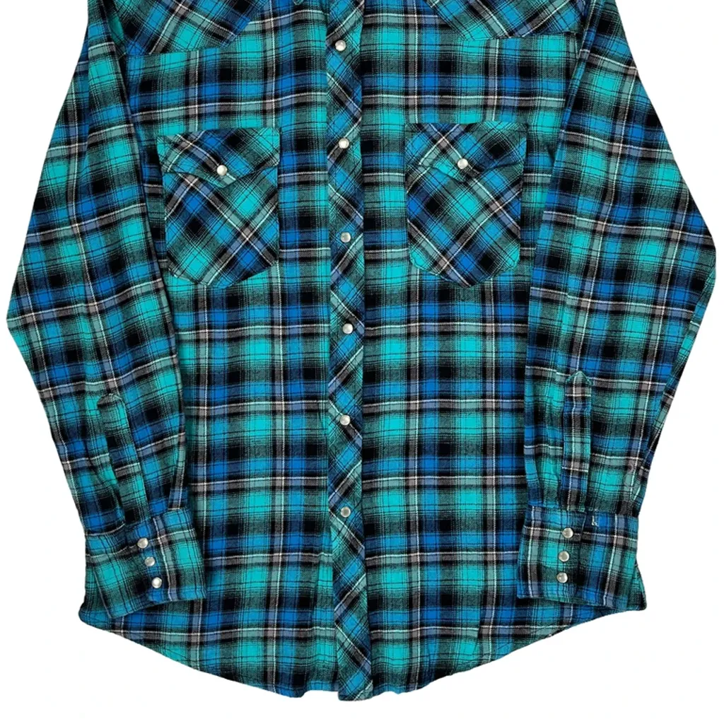 Wrangler Checked Flannel Shirt - Medium Blue Cotton - Image 5