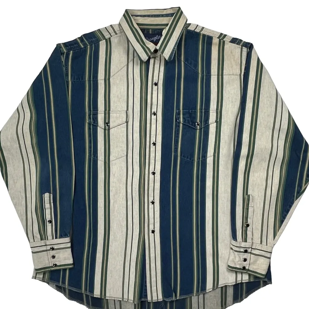 Wrangler Striped Patterned Shirt - XL Blue Cotton - Image 5