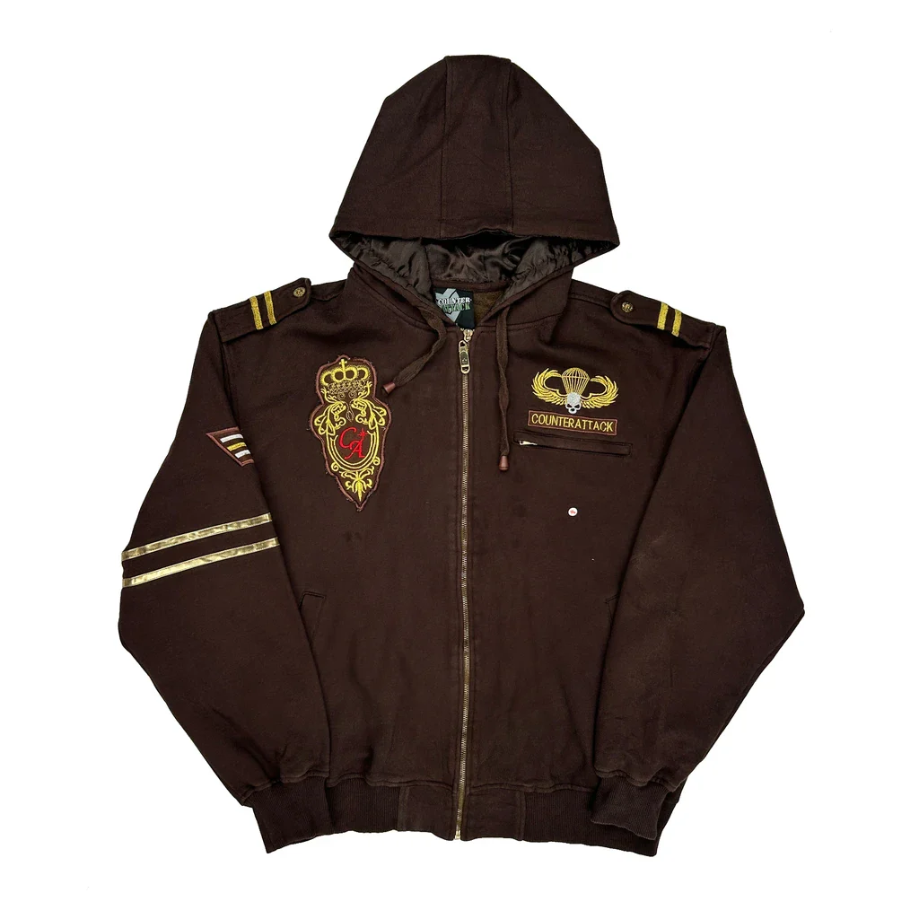 Y2K Embroidered Counter Attack Graphic Full Zip Hoodie - XL Brown Cotton - Image 2