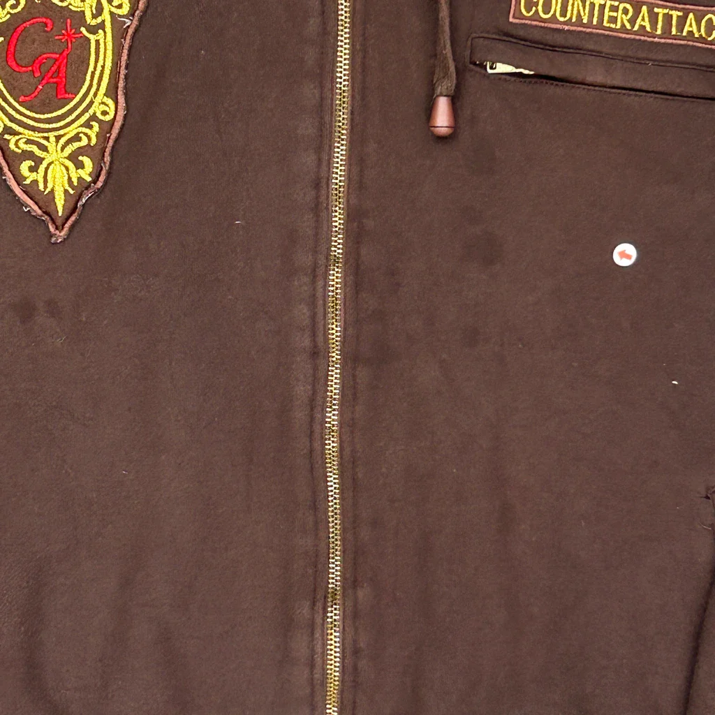 Y2K Embroidered Counter Attack Graphic Full Zip Hoodie - XL Brown Cotton - Image 3