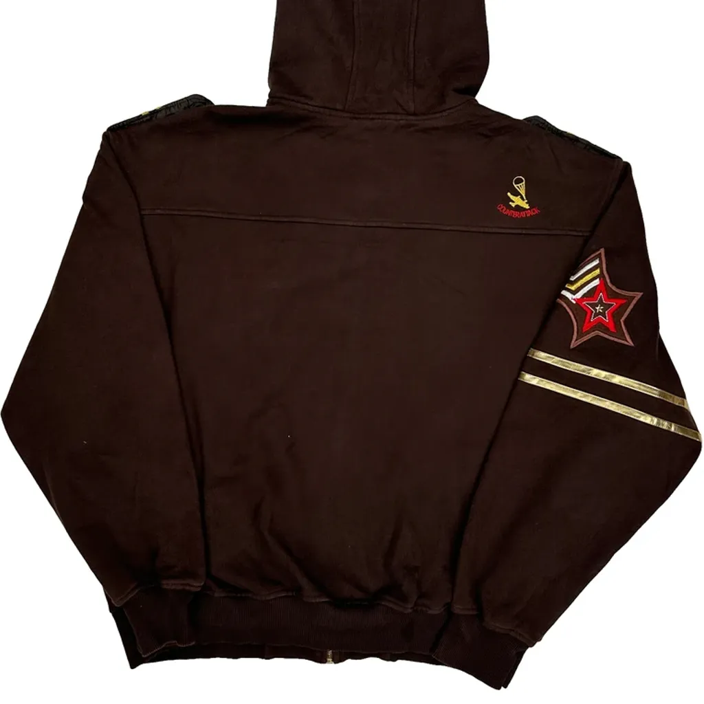 Y2K Embroidered Counter Attack Graphic Full Zip Hoodie - XL Brown Cotton - Image 5