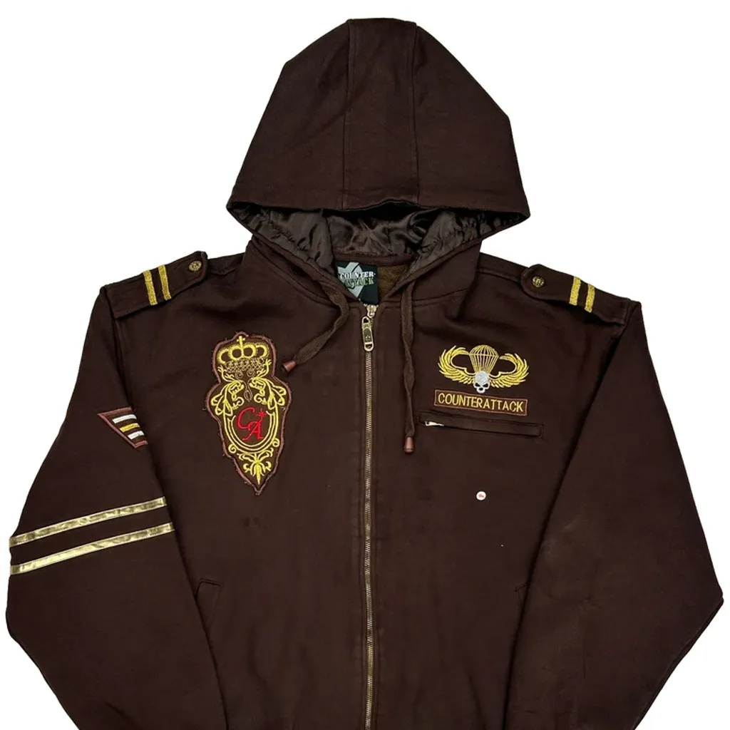 Y2K Embroidered Counter Attack Graphic Full Zip Hoodie - XL Brown Cotton - Image 7