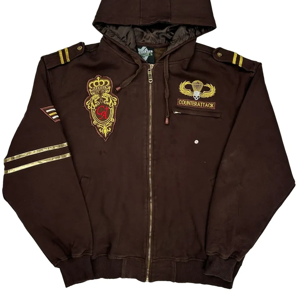 Y2K Embroidered Counter Attack Graphic Full Zip Hoodie - XL Brown Cotton - Image 8
