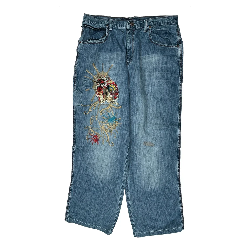 Y2K Embroidered Baggy Jeans - 36W 30L Blue Cotton - Image 2