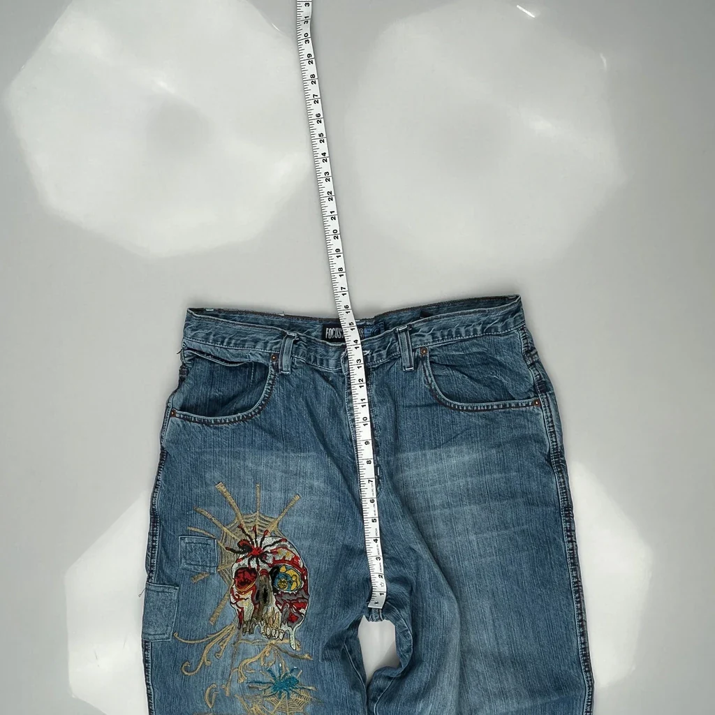 Y2K Embroidered Baggy Jeans - 36W 30L Blue Cotton - Image 4
