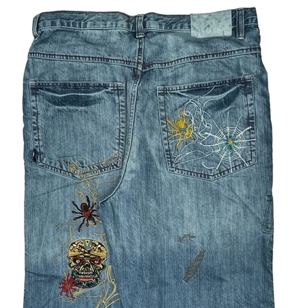 Y2K Embroidered Baggy Jeans - 36W 30L Blue Cotton - Image 9