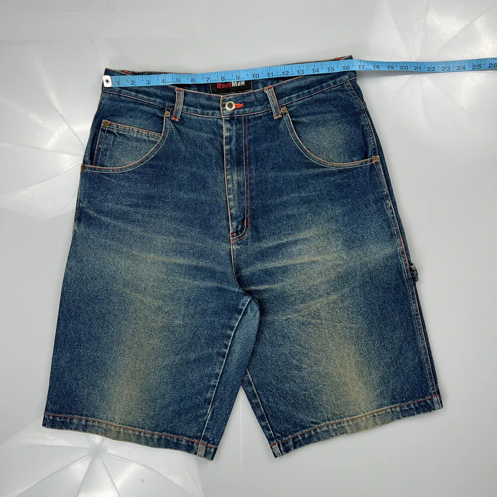 Y2K Rockman Baggy Denim Shorts - 33W 11L Blue Cotton - Image 3