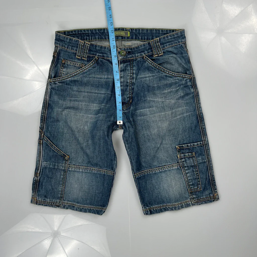 Y2K Unbranded Double Knee Carpenter Shorts - 33W 12L Blue Cotton - Image 4